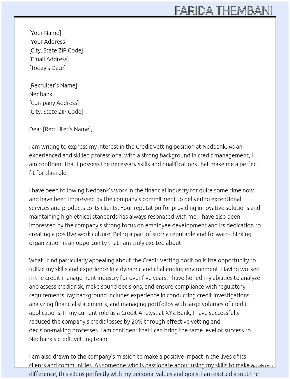 Cover letter for credit vetting - LazyApply