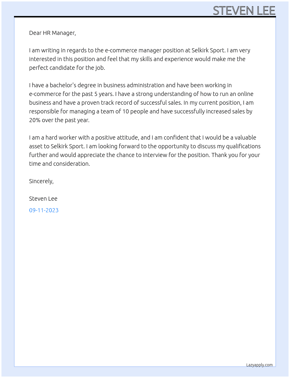 e-commerce manager At Selkirk Sport Cover Letter