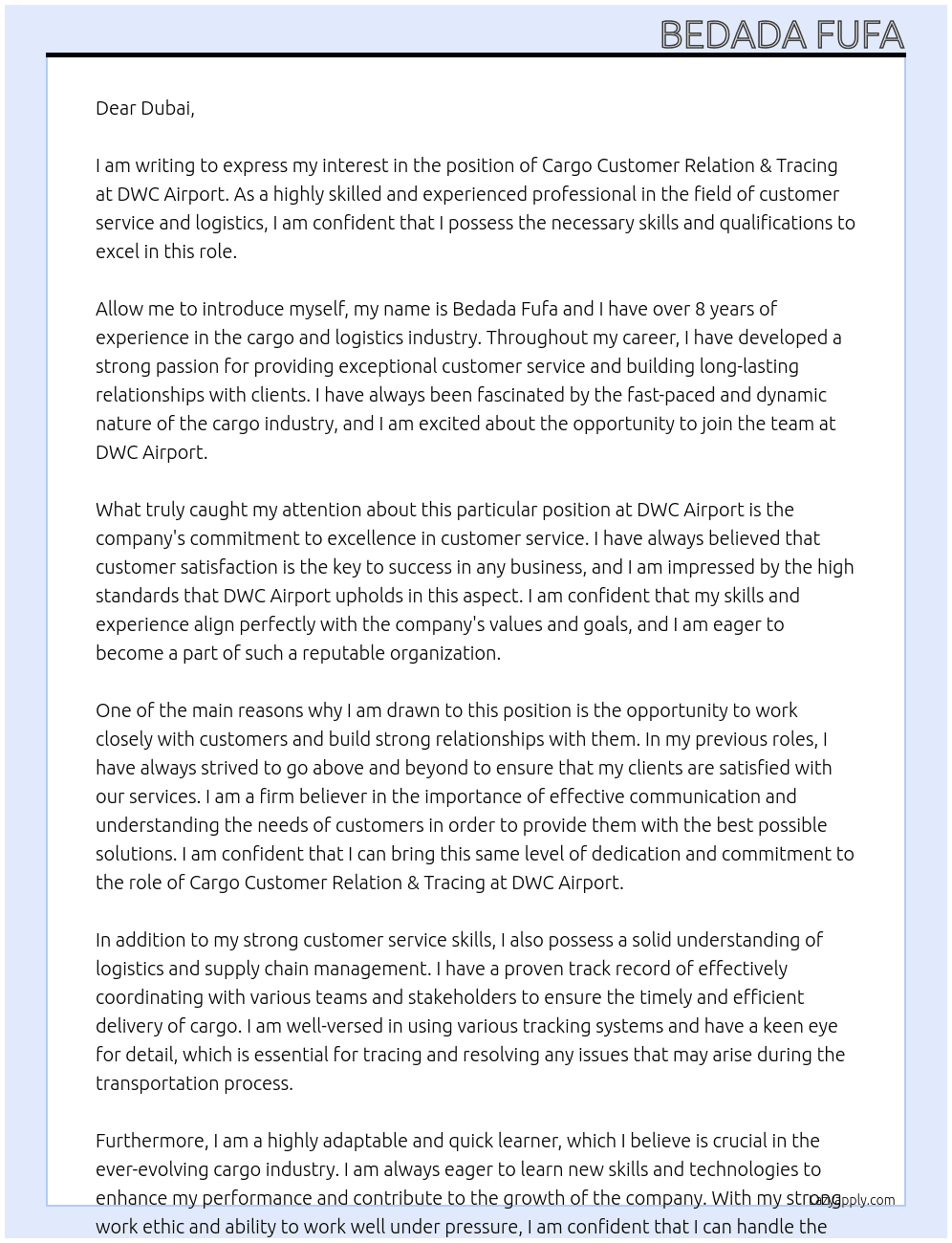 Cover letter for cargo customer relation & tracing - LazyApply