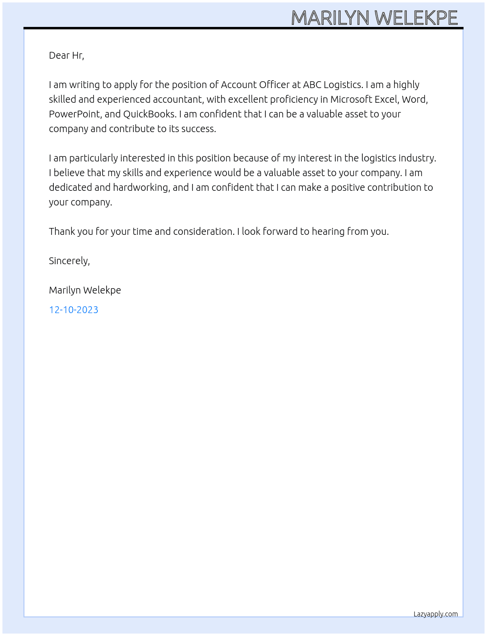 Account Officer  At ABC logistics  Cover Letter