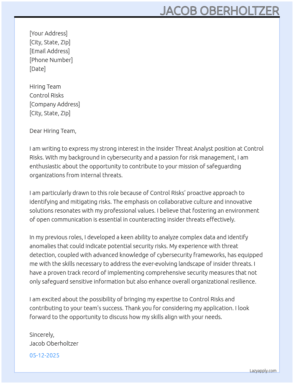 Cover letter for insider threat analyst - LazyApply