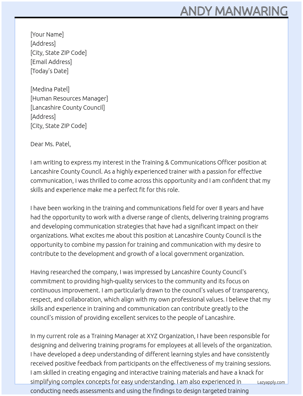 Training & Communications Officer At Lancashire County Council Cover Letter