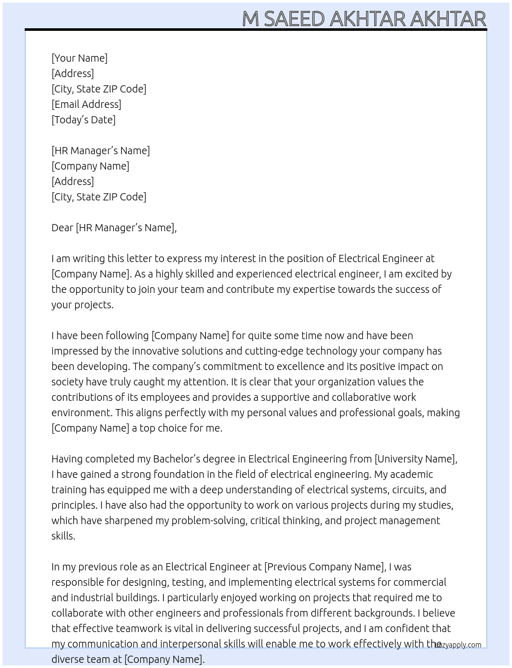 Electrical engineer  At Engineering position  Cover Letter