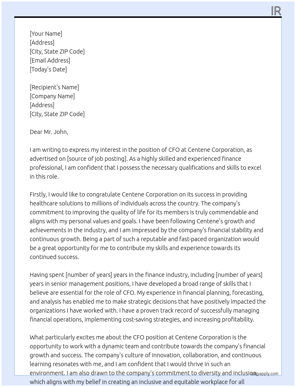 CFO At Centene Corporation Cover Letter