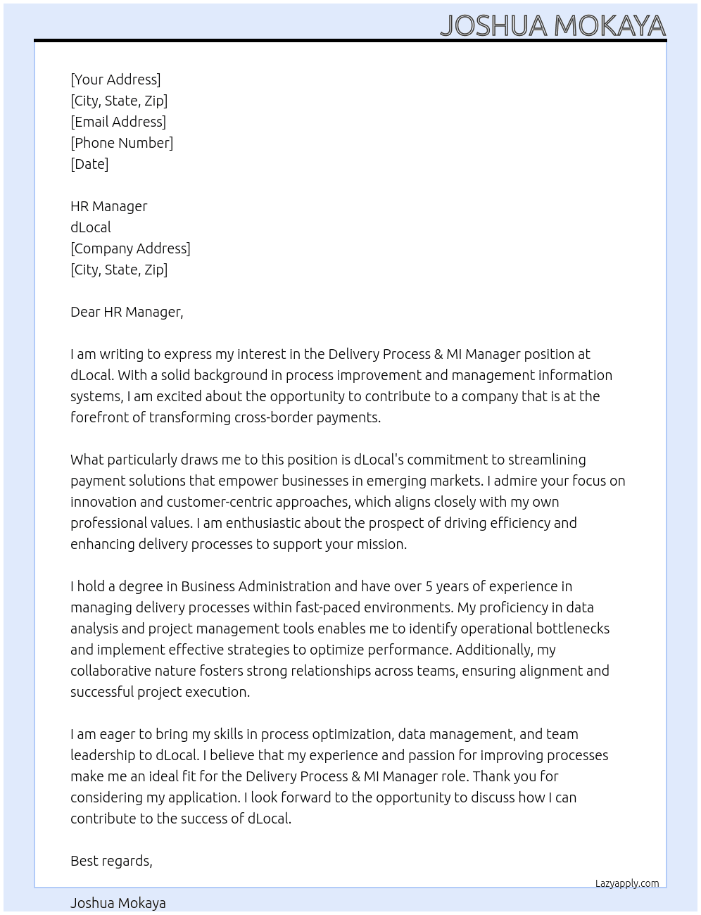 Delivery Process & MI Manager At dLocal Cover Letter