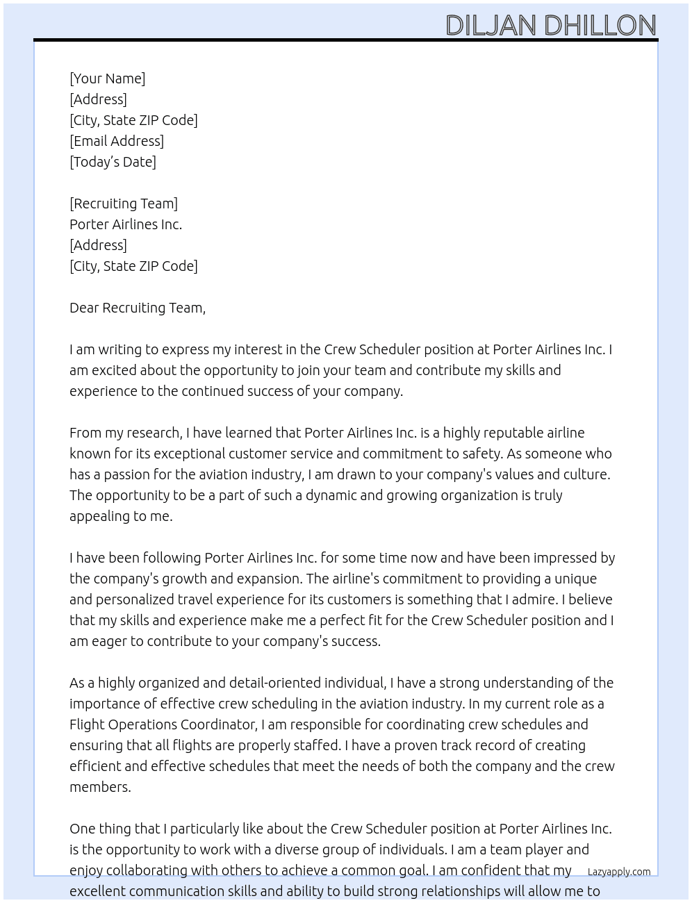 Crew Scheduler  At Porter Airlines Inc. Cover Letter