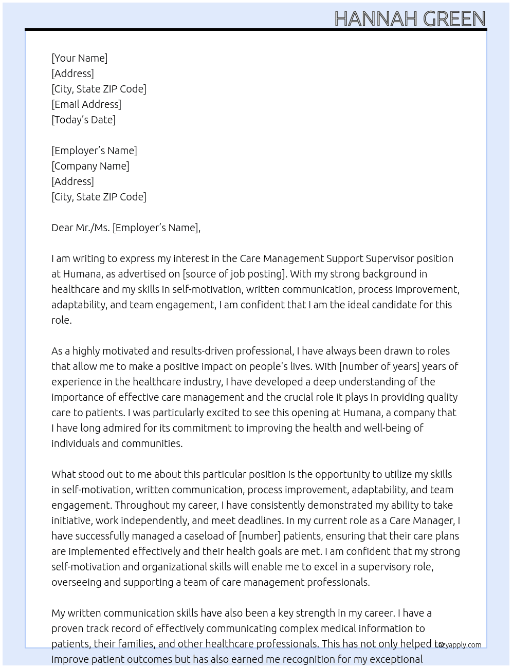 Care Management Support Supervisor At Humana Cover Letter