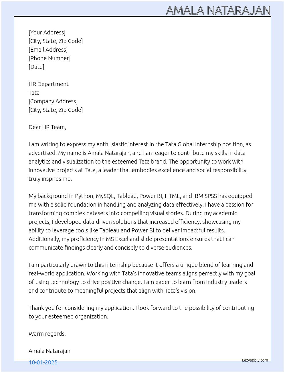 Tata Global Internship At Tata  Cover Letter