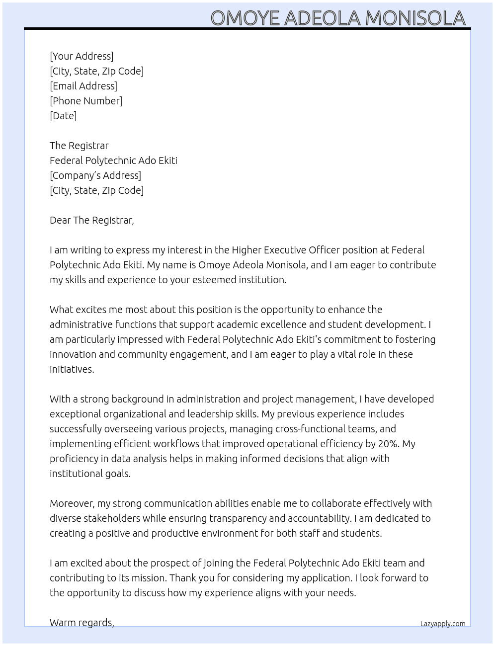 Higher Executive Officer At Federal Polytechnic Ado Ekiti  Cover Letter