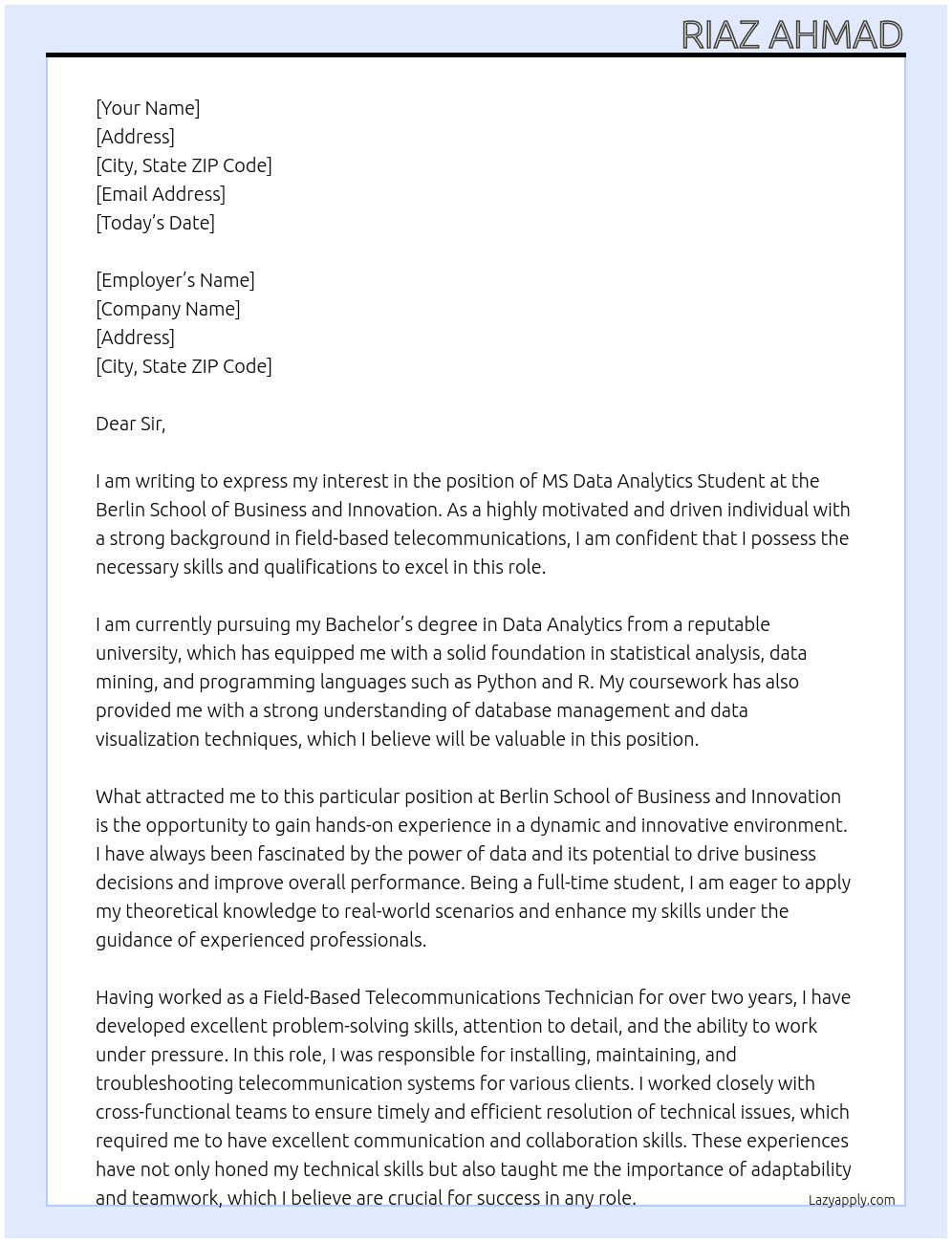 ms data analytictics students At berlin school of business and inovation Cover Letter