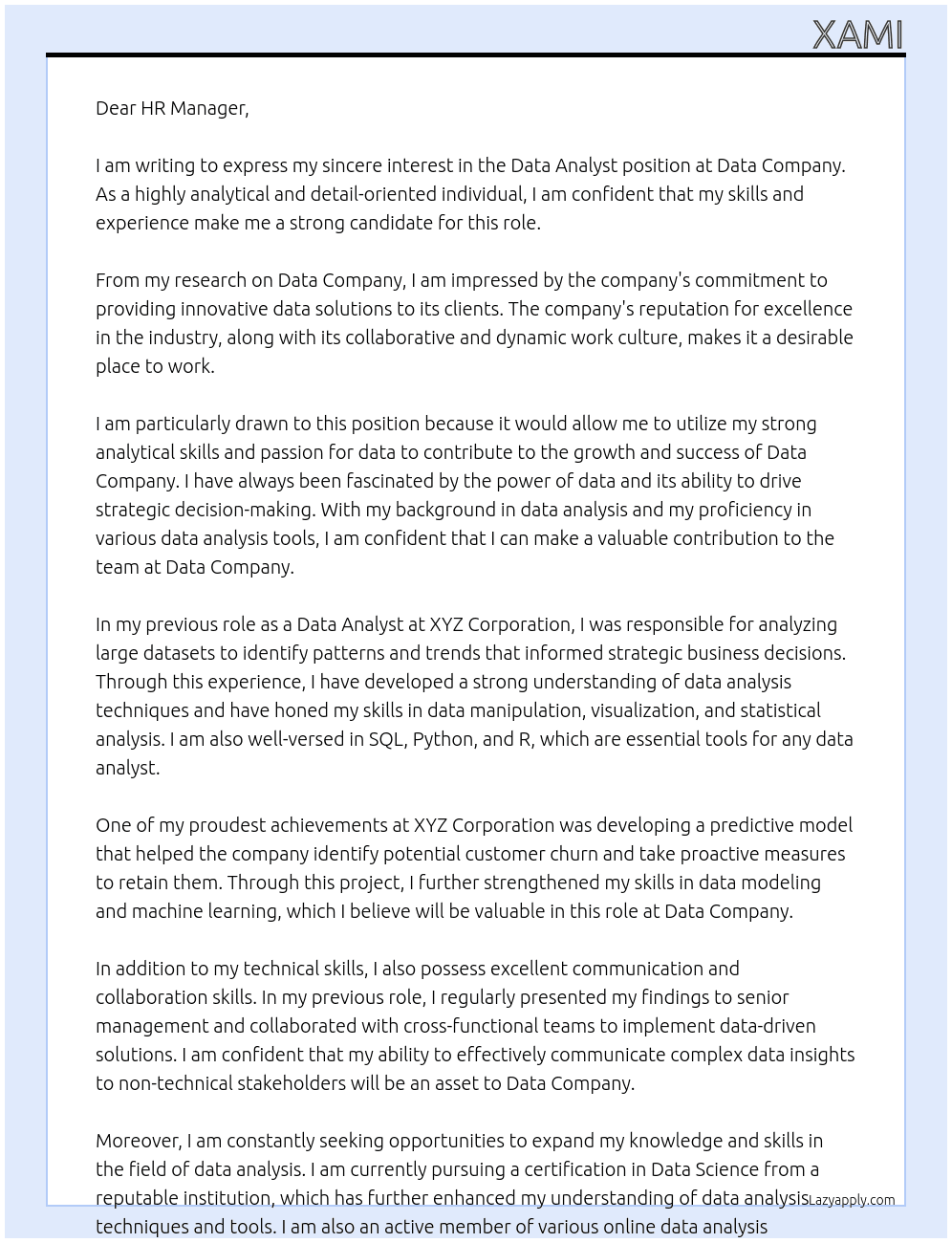 Data Analyst At Data Company Cover Letter