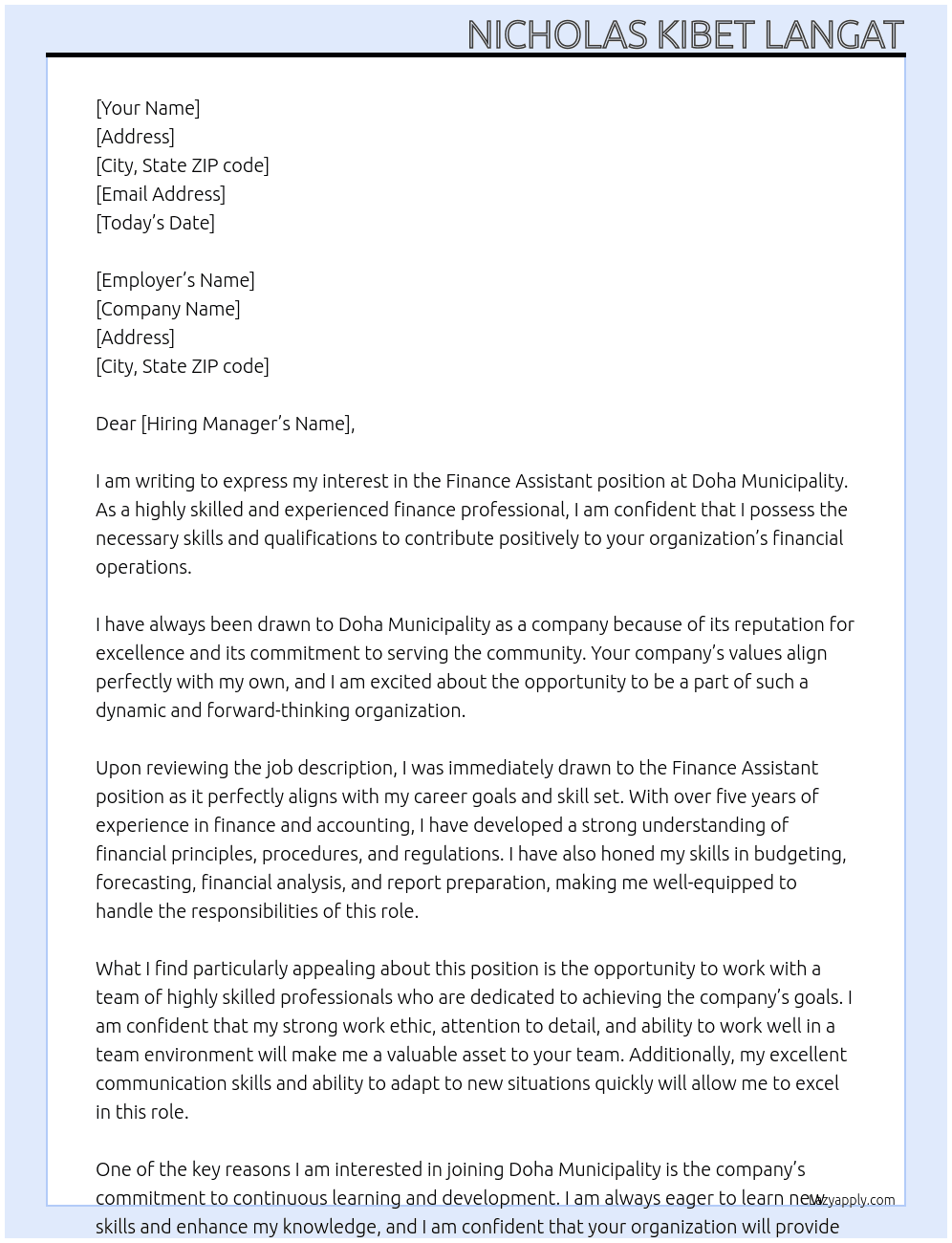 Finance Assistant  At Doha Municipality  Cover Letter