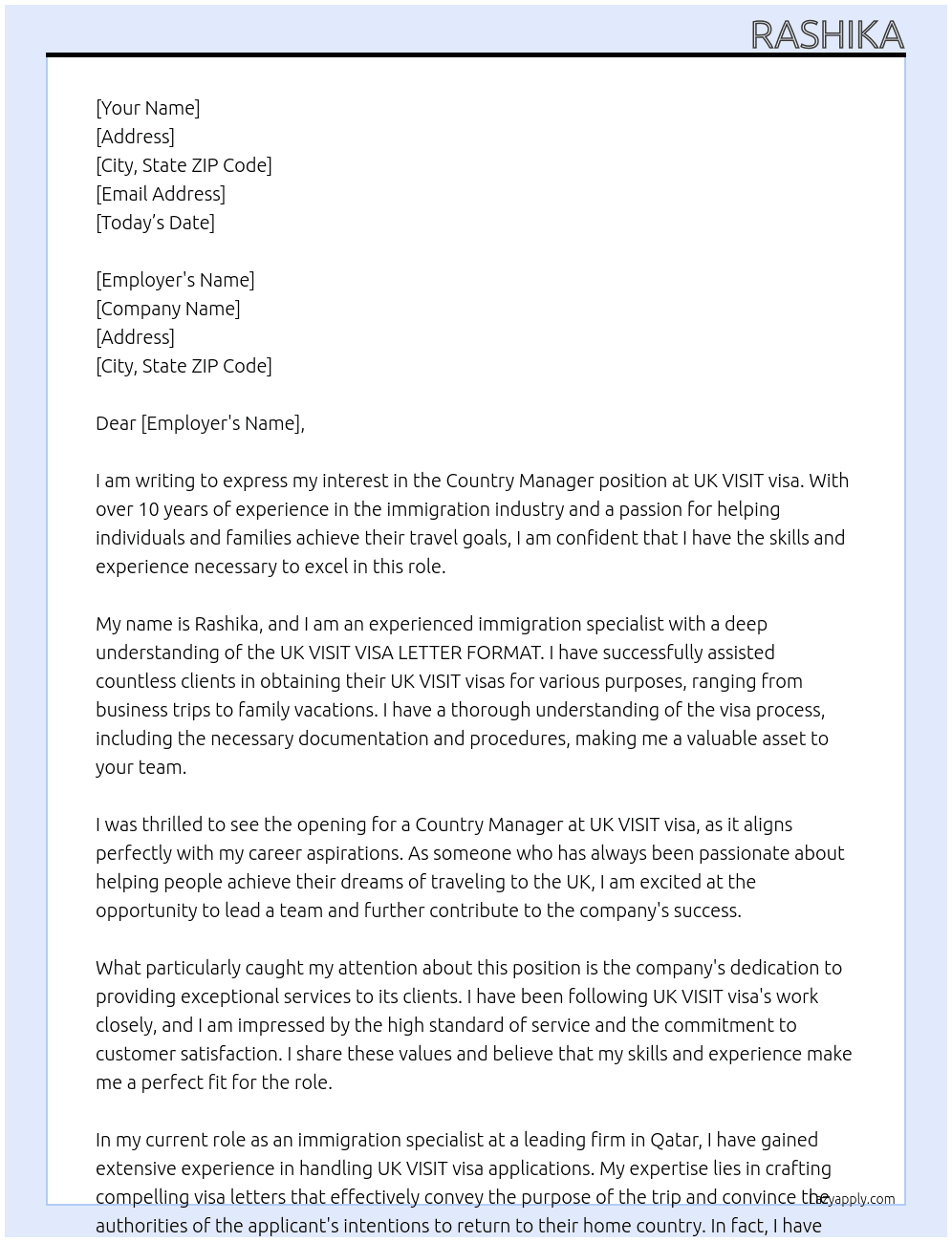 Country Manager At UK VISIT visa Cover Letter