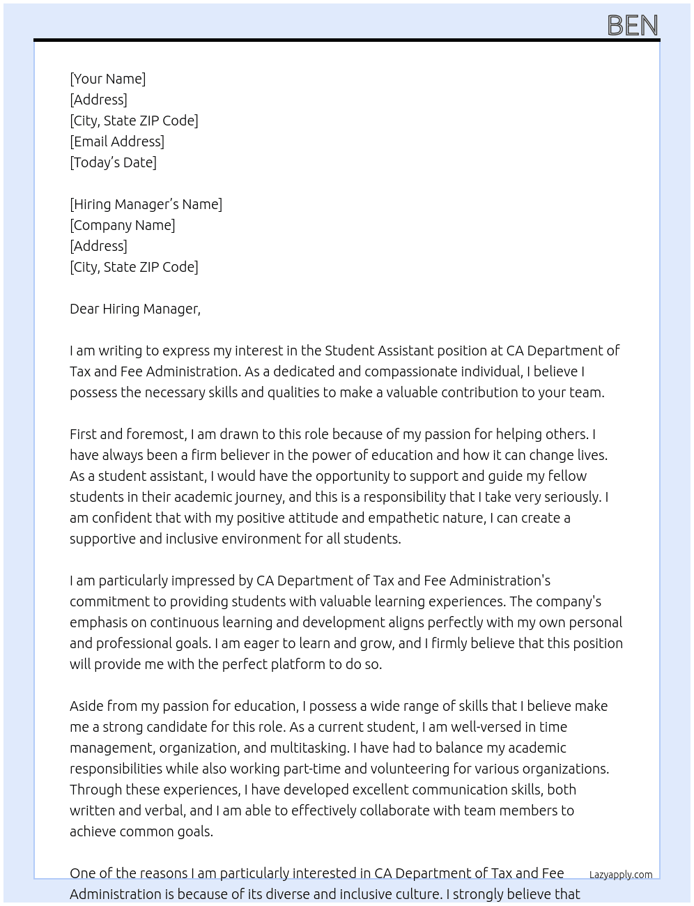 student assistant At CA Department of Tax and Fee Administration Cover Letter