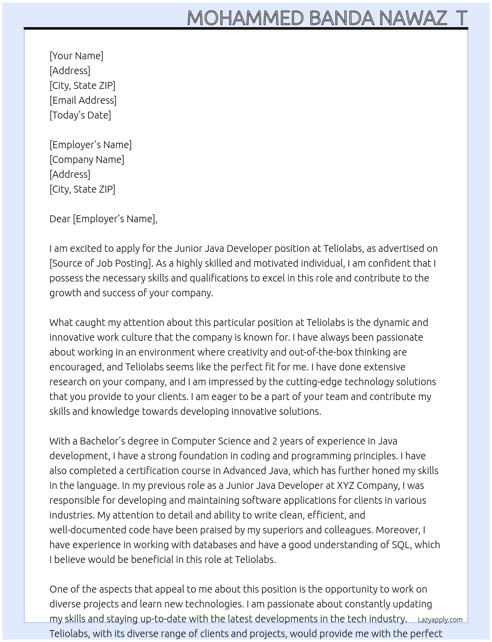 junior java Developer At Teliolabs Cover Letter