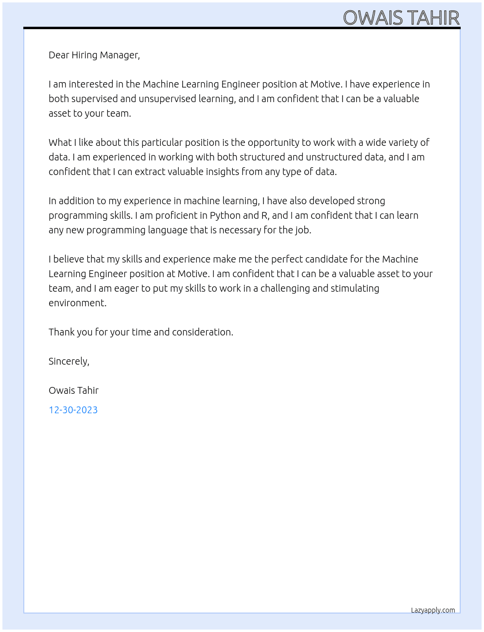 Machine Learning Engineer At Motive Cover Letter