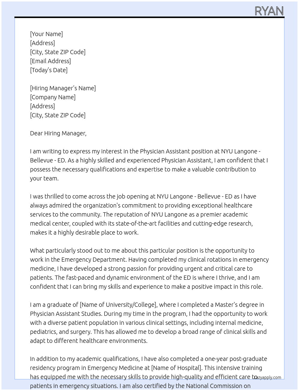 Physician Assistant At NYU Langone - Bellevue - ED Cover Letter