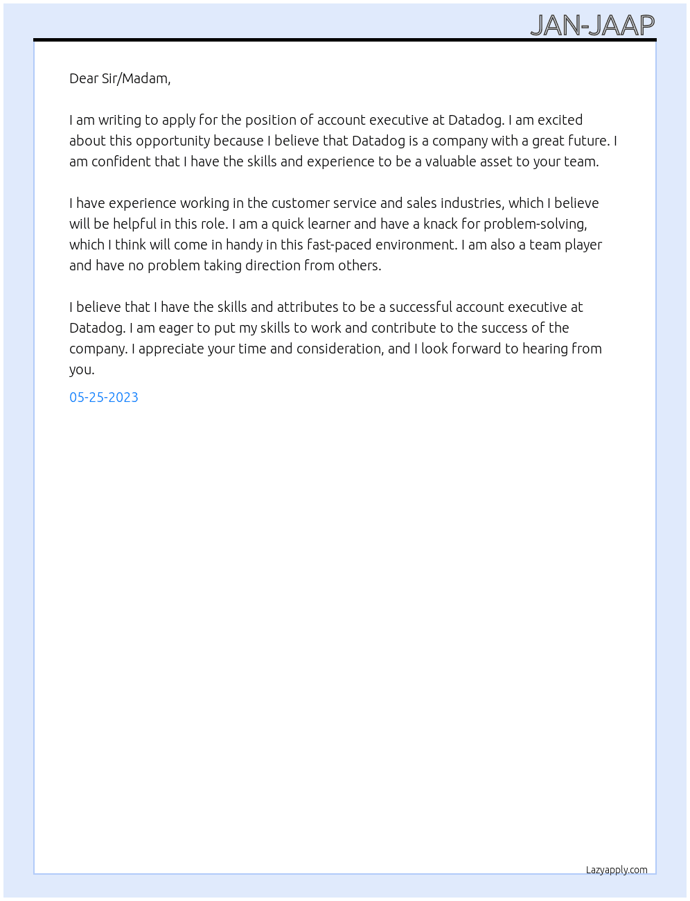 account executive At Datadog Cover Letter