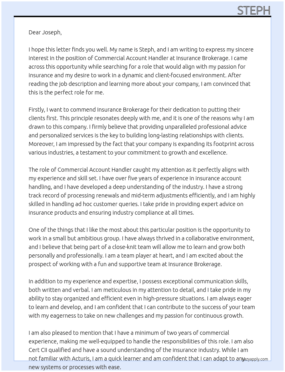 Commercial Account Handler At Insurance Brokerage Cover Letter