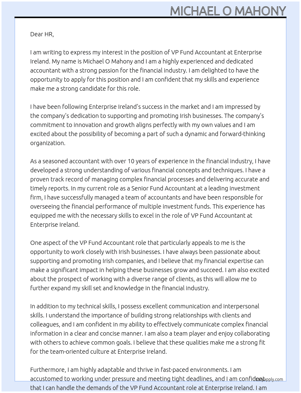 VP Fund Accountant At Enterprise Ireland Cover Letter