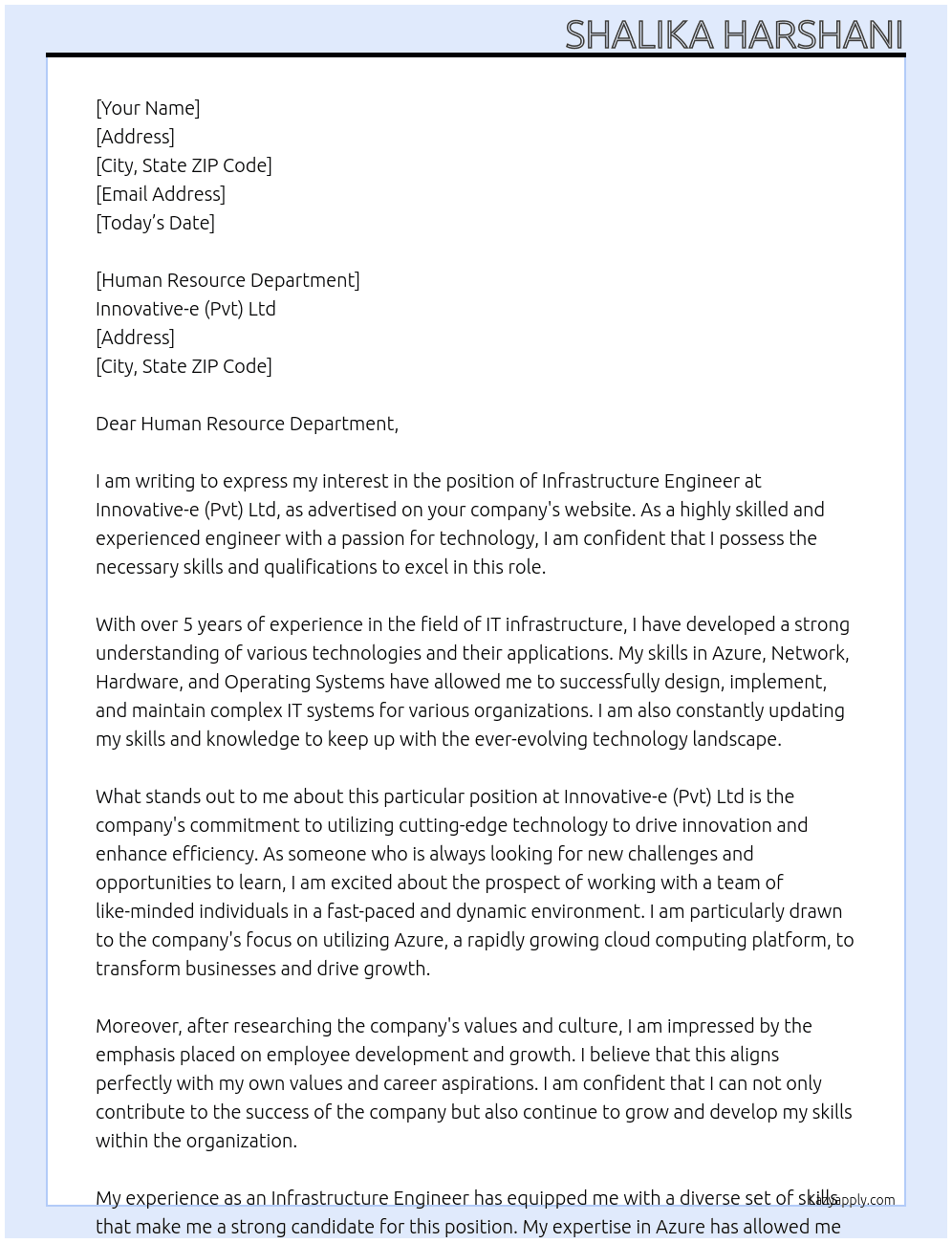 Infrastructure Engineer At Innovative-e (Pvt) Ltd Cover Letter