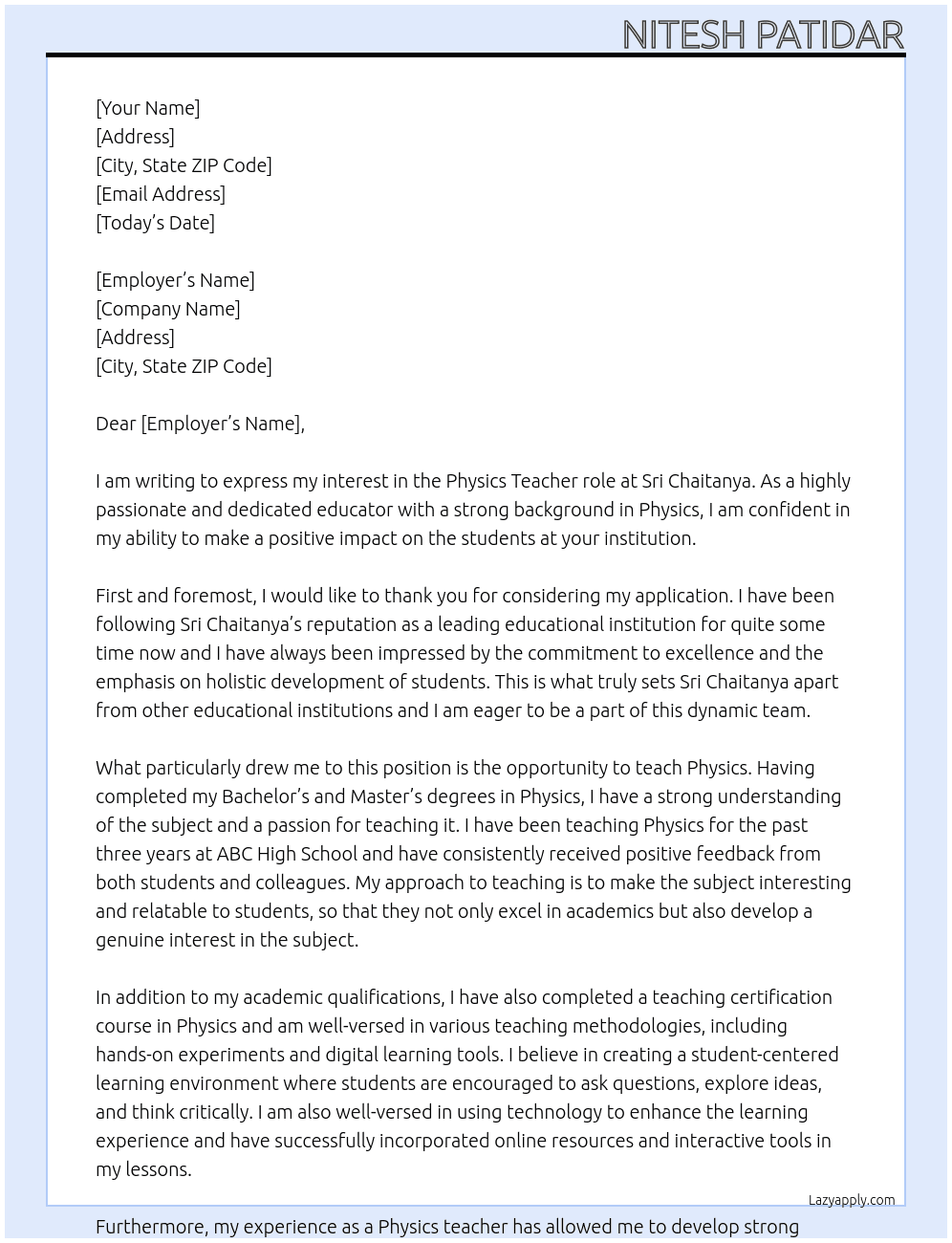 Physics teacher At Sri chaitanya Cover Letter