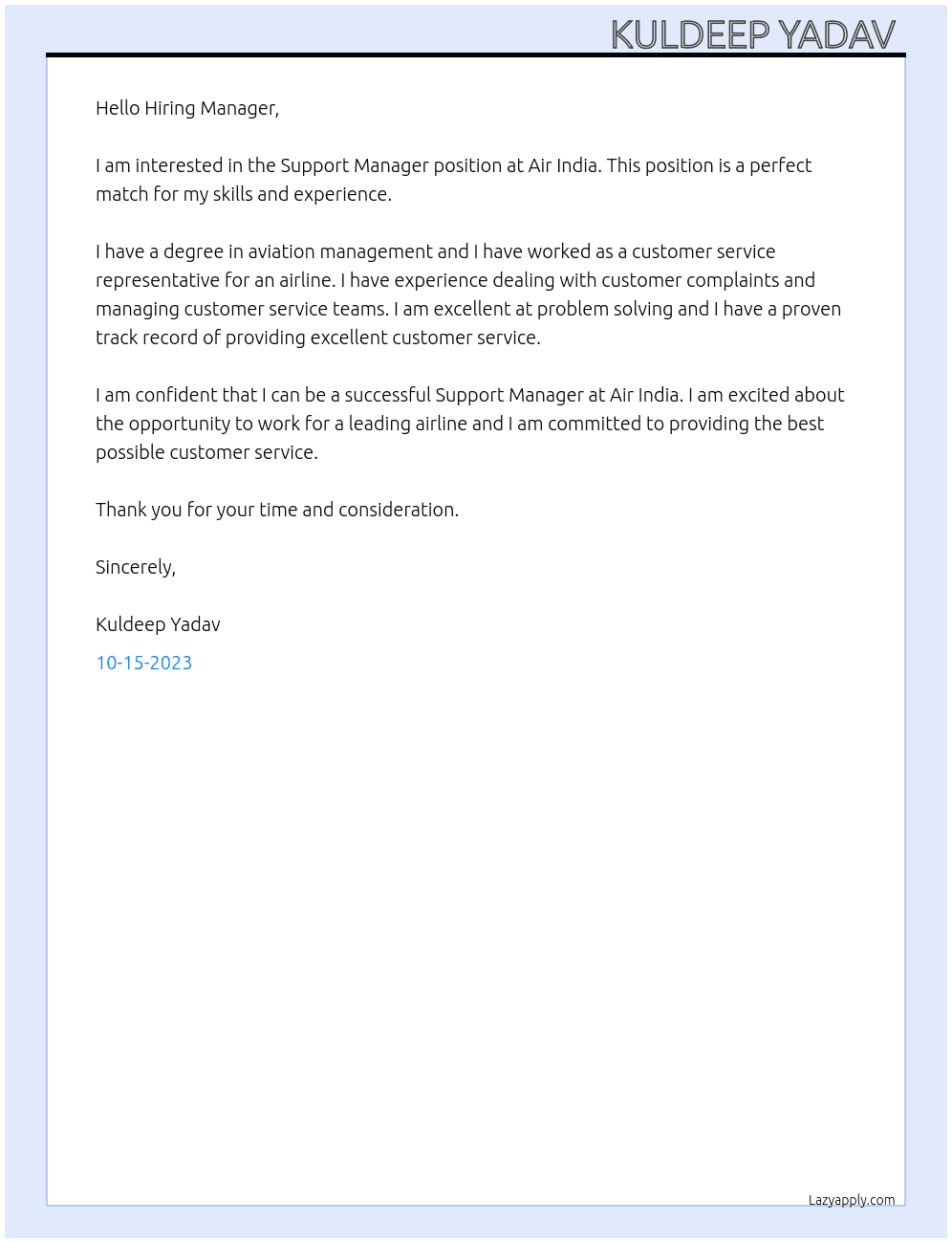Support Manager At Air India  Cover Letter
