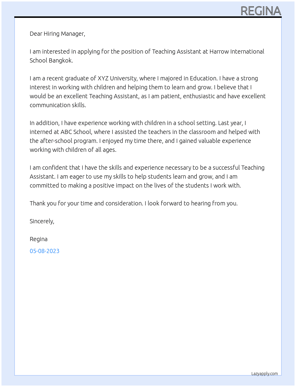Teaching Assistant At Harrow International School Bangkok Cover Letter