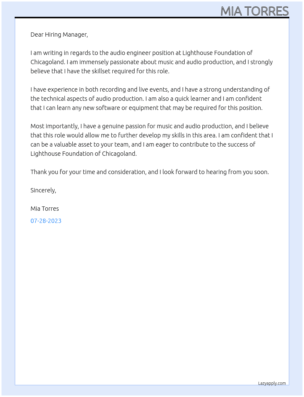 audio engineer At Lighthouse Foundation of Chicagoland Cover Letter