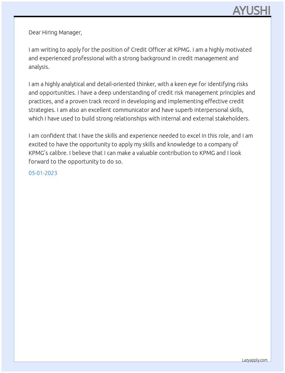 Credit officer At KPMG Cover Letter