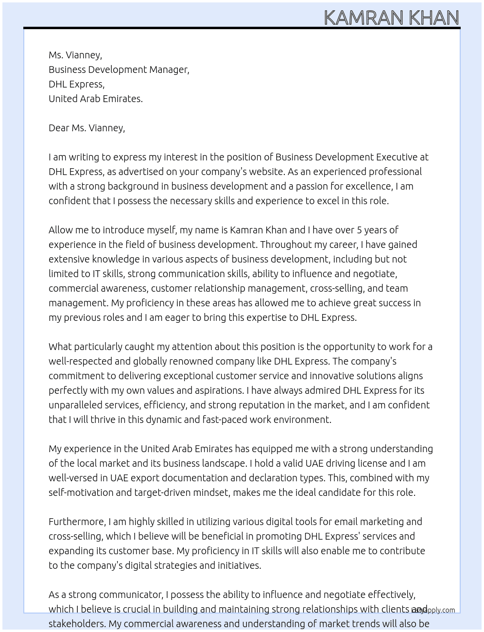 Business Development Executive At DHL Express Cover Letter