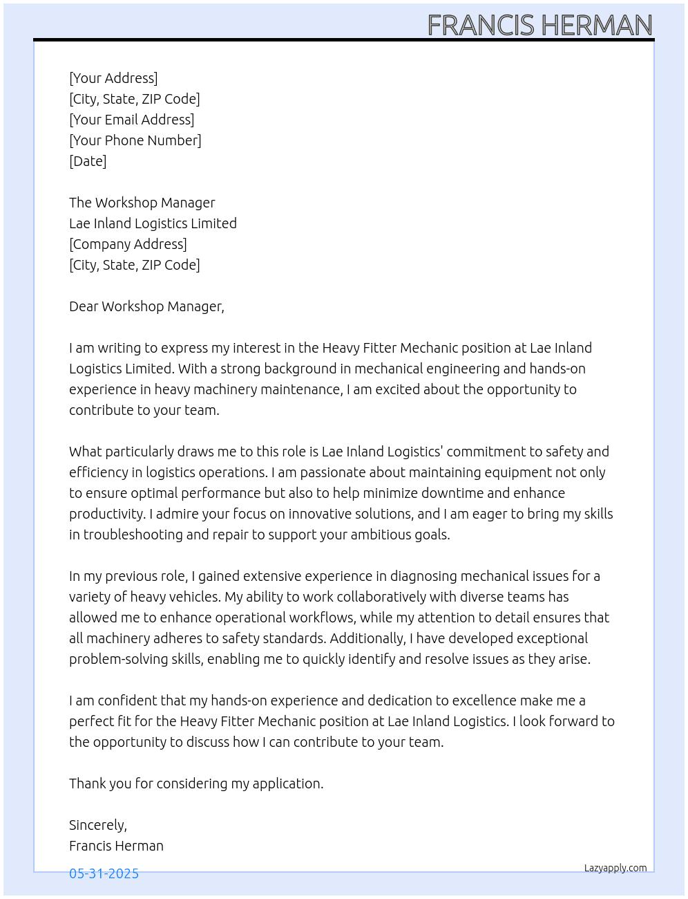 Heavy Fitter Mechanic At Lae Inland Logistics Limited Cover Letter