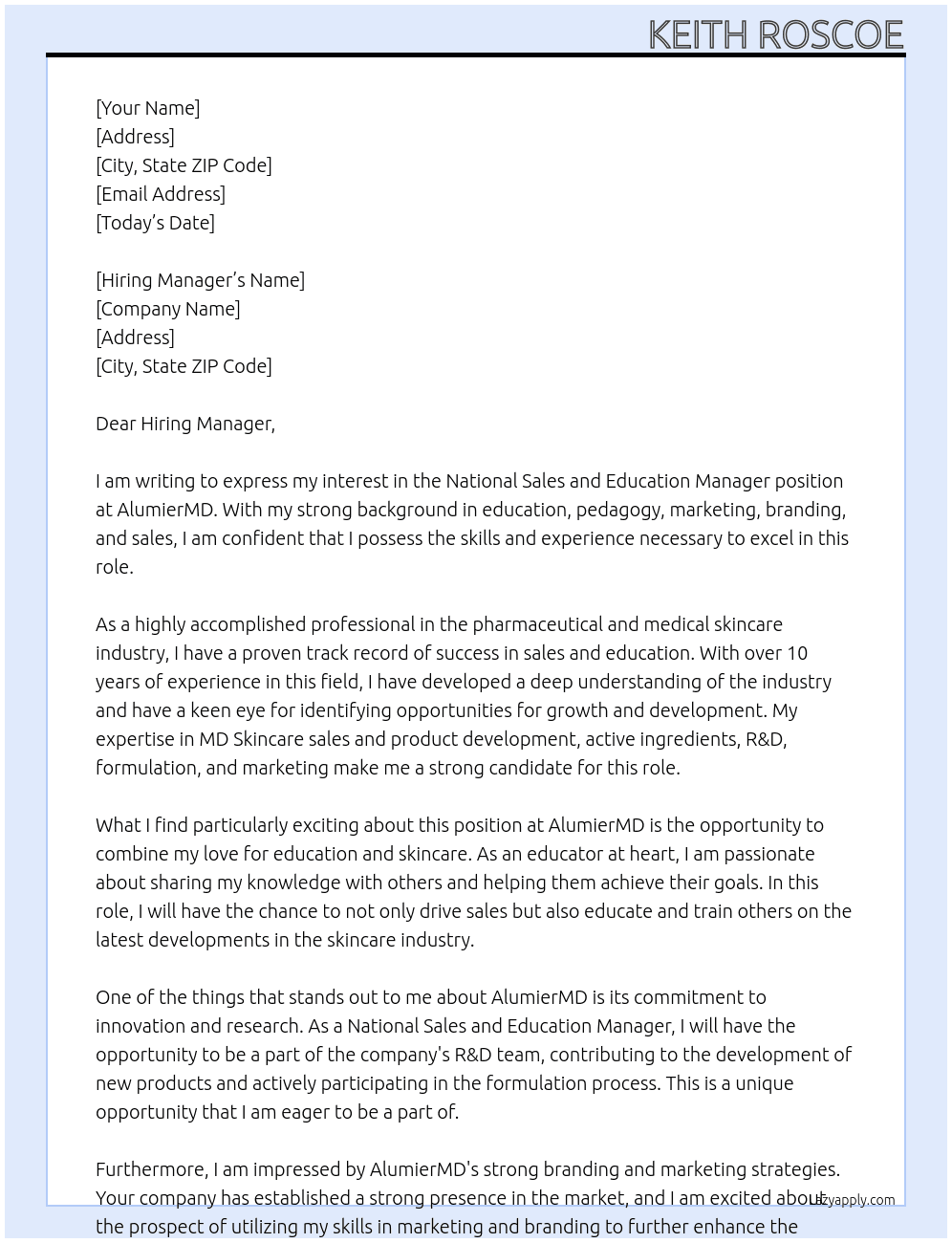 National Sales and Education Manager At AlumierMD Cover Letter