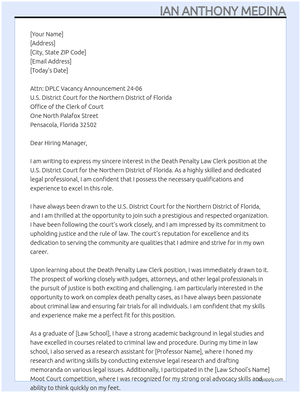 Death Penalty Law Clerk At U.S. District Court For The Northern District of Florida Cover Letter