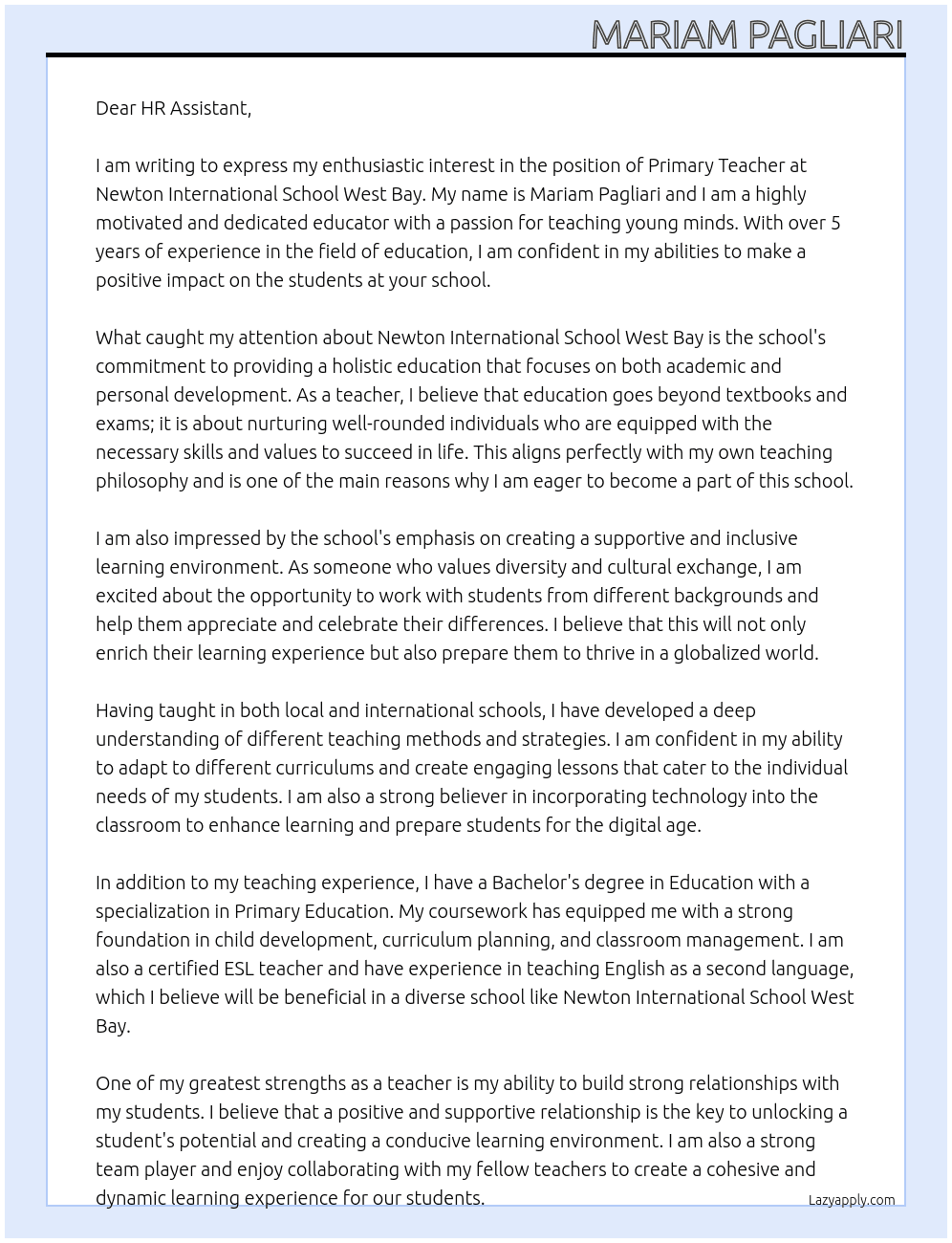 Primary Teacher At Newton International School West Bay Cover Letter