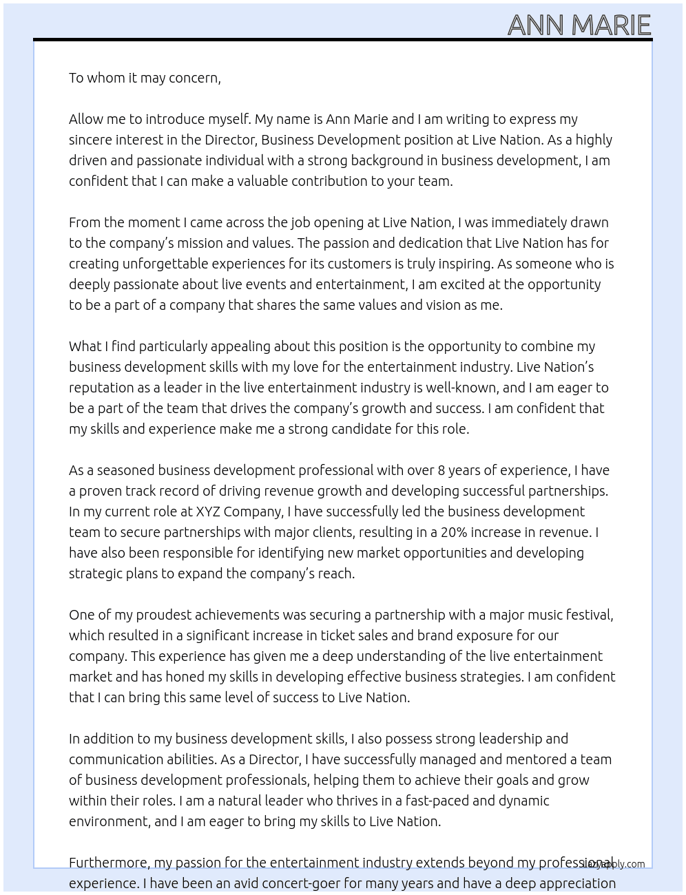Director, Business Development At Live Nation Cover Letter