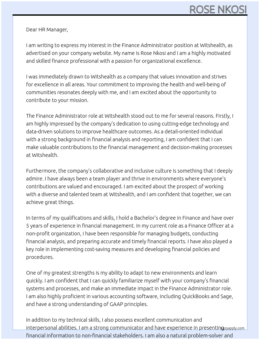 Finance Administrator At Witshealth Cover Letter
