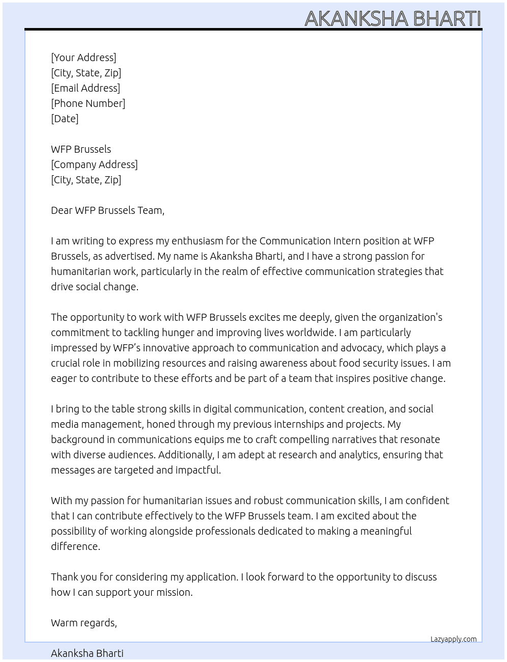 intern communication At WFP Brussels Cover Letter