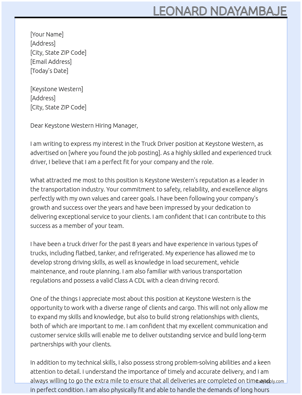 Truck Driver At Keystone Western Cover Letter