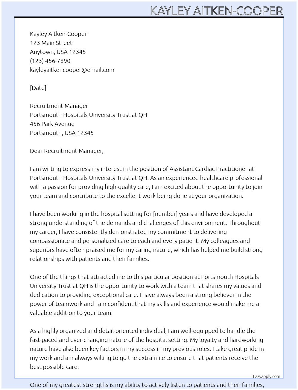 Assistant Cardiac Practitioner At Portsmouth Hospitals University Trust at QH Cover Letter