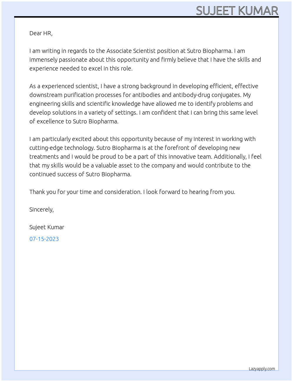 ASSOCIATE SCIENTIST At sutro biopharma Cover Letter