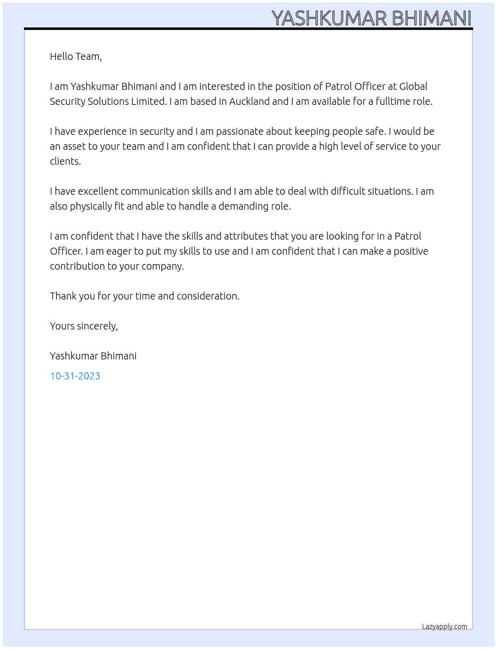 Patrol Officer At Global Security Solutions Limited Cover Letter