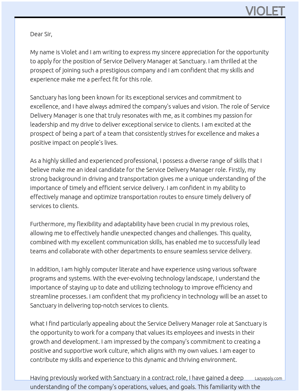 Service delivery manager At Sanctuary Cover Letter