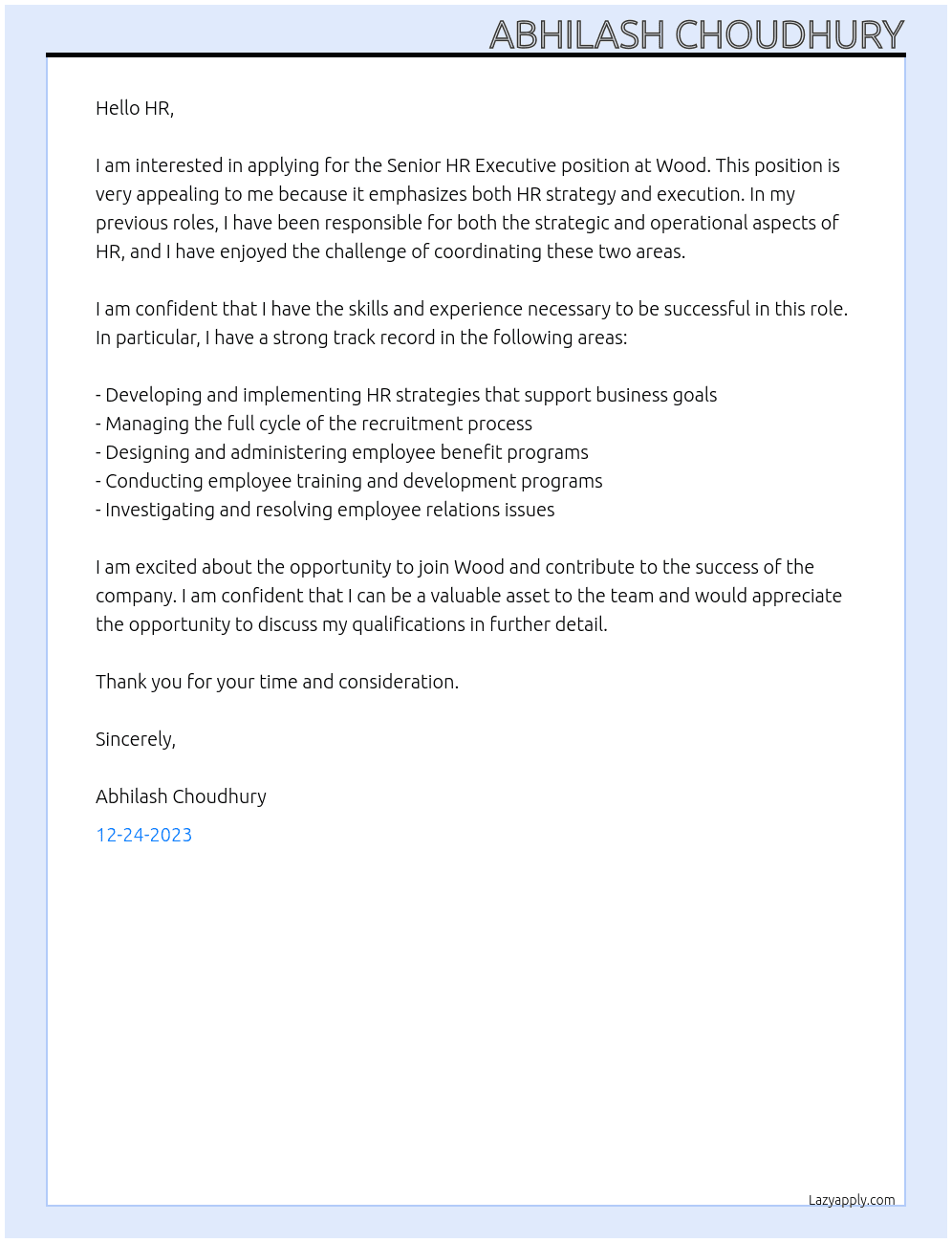 Senior HR Executive At Wood Cover Letter