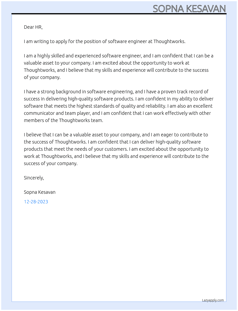 software engineer At Thoughtworks Cover Letter