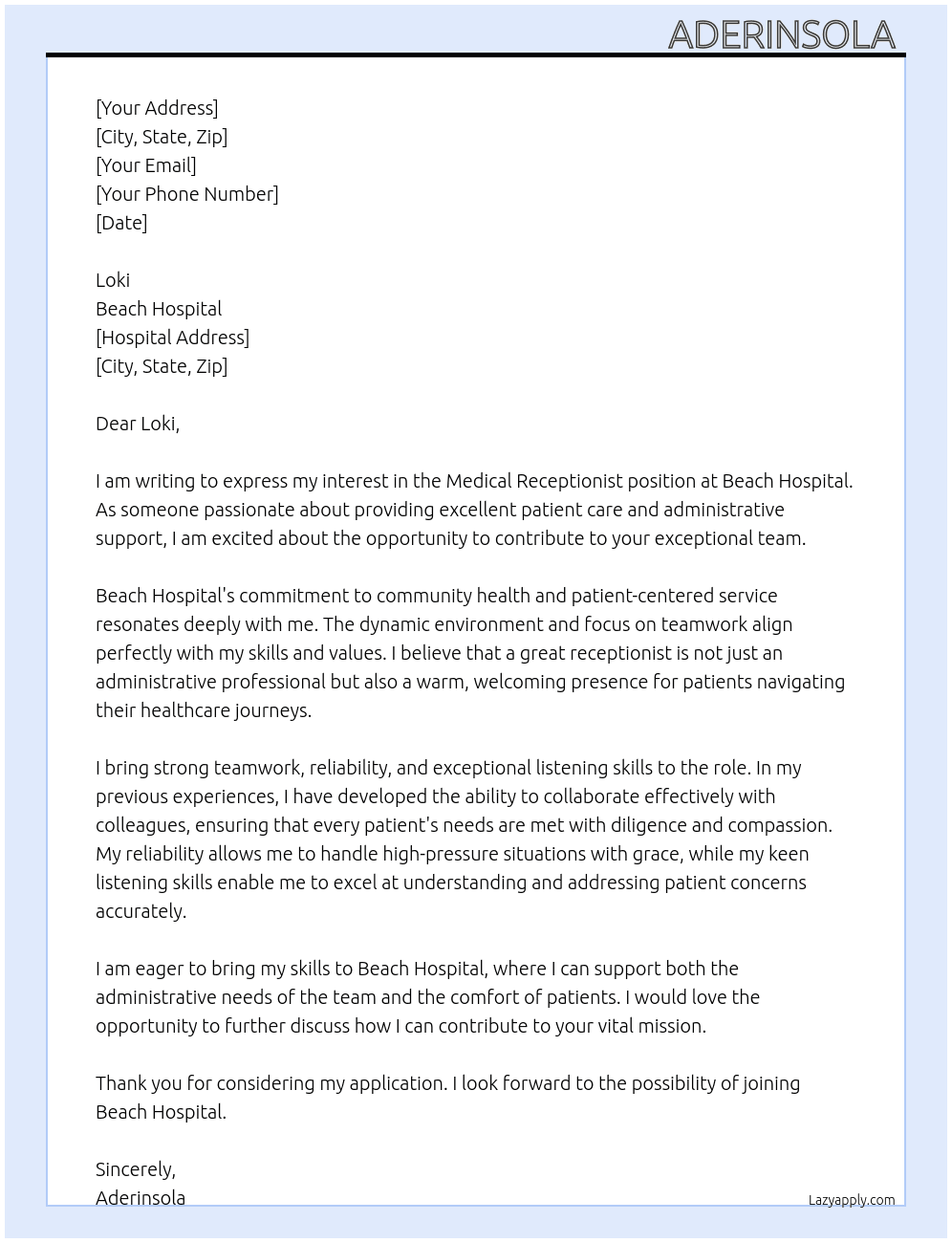 Medical receptionist  At Beach hospital  Cover Letter