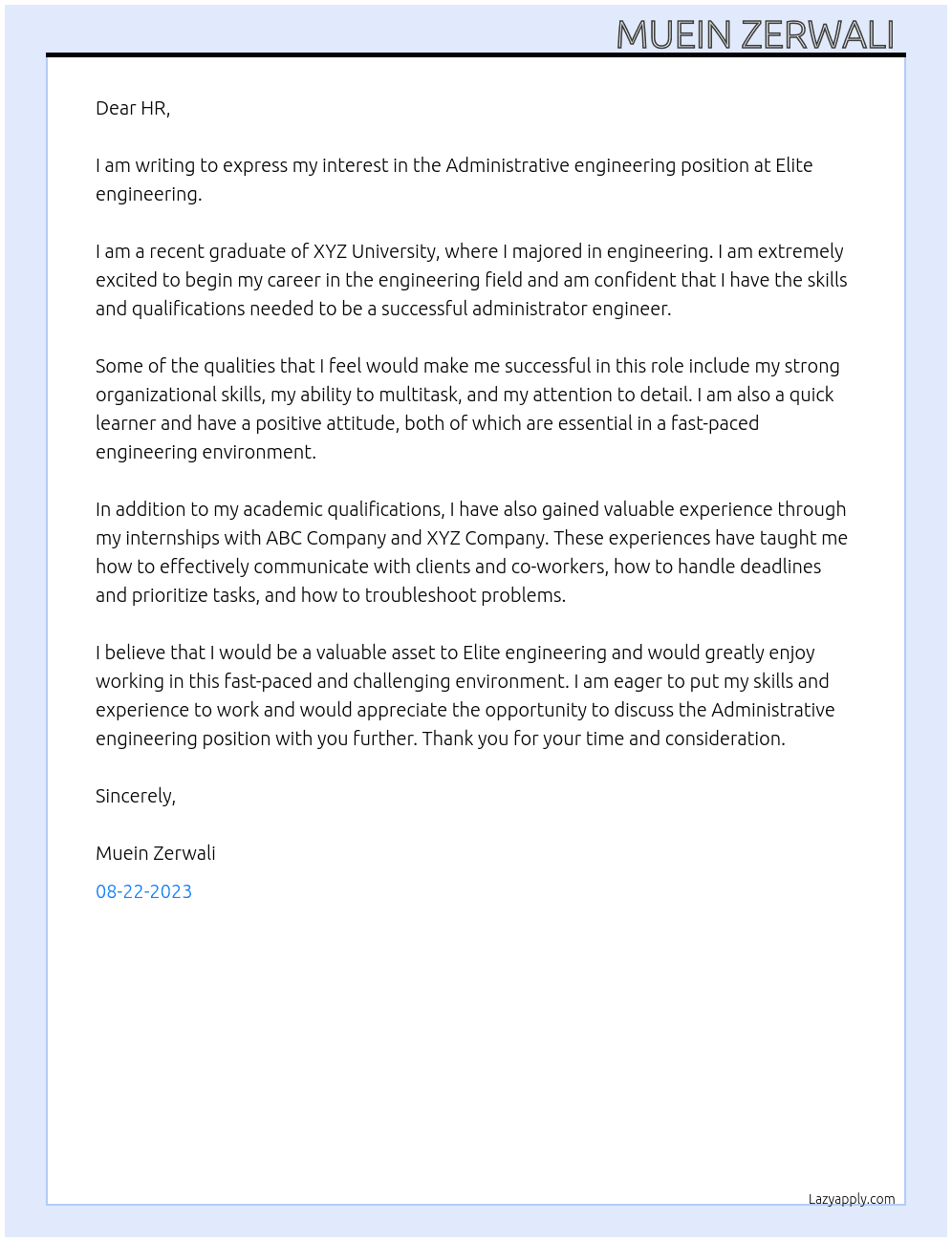 Administrative engineering  At Elite engineering  Cover Letter