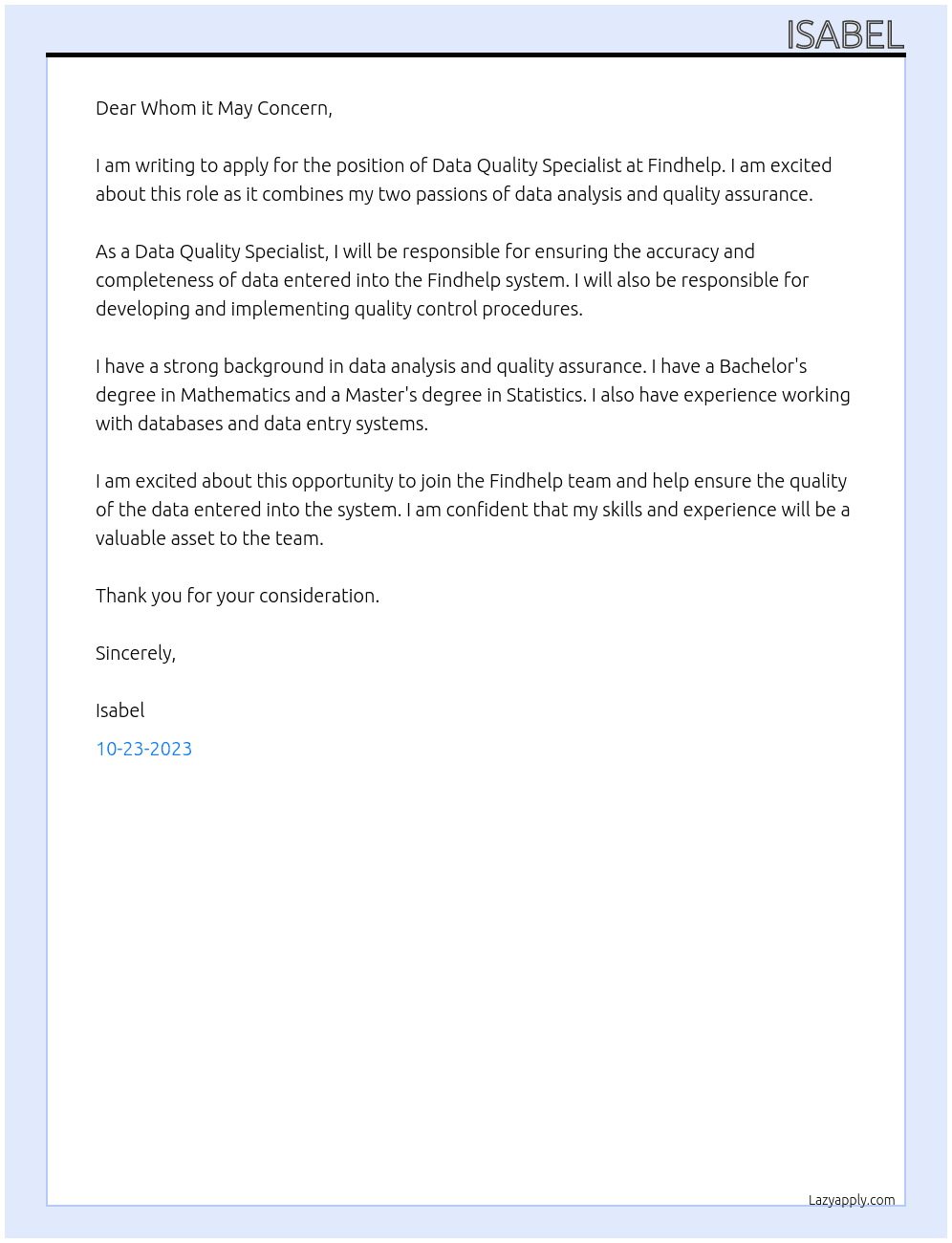 Data Quality Specialist At Findhelp Cover Letter