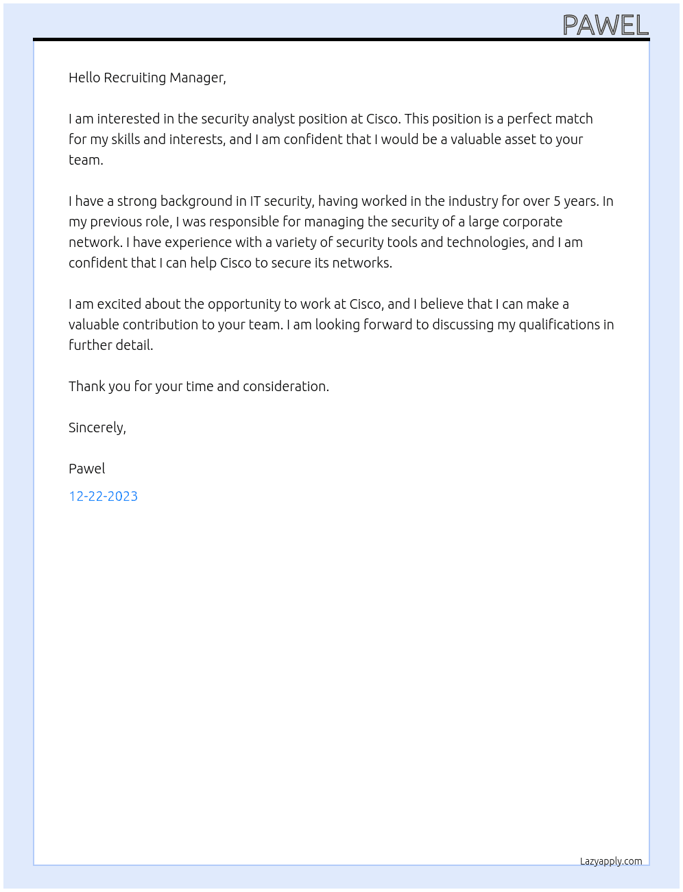 Security analyst At Cisco Cover Letter