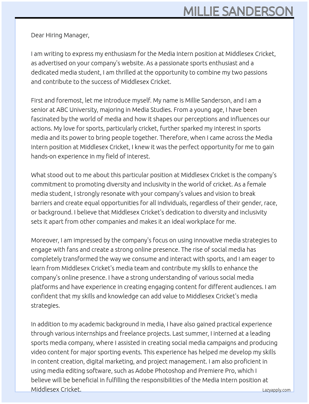 Media Intern At Middlesex Cricket Cover Letter